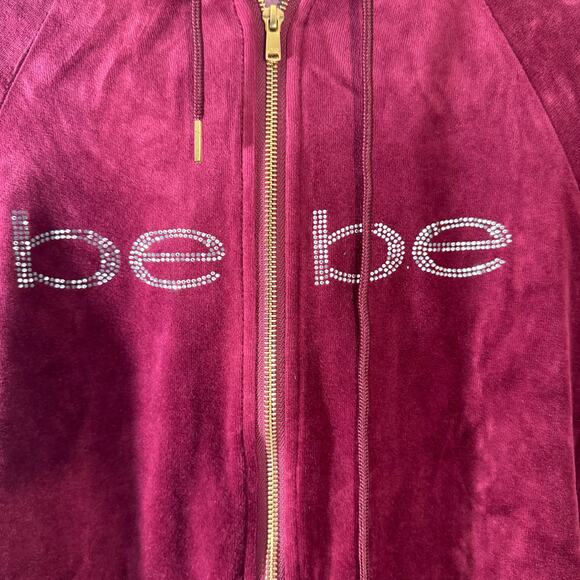 Y2K Bebe Velour Rhinestone Zip-Up Hoodie | Maroon Track Jacket Bling XS - Picture 4 of 9